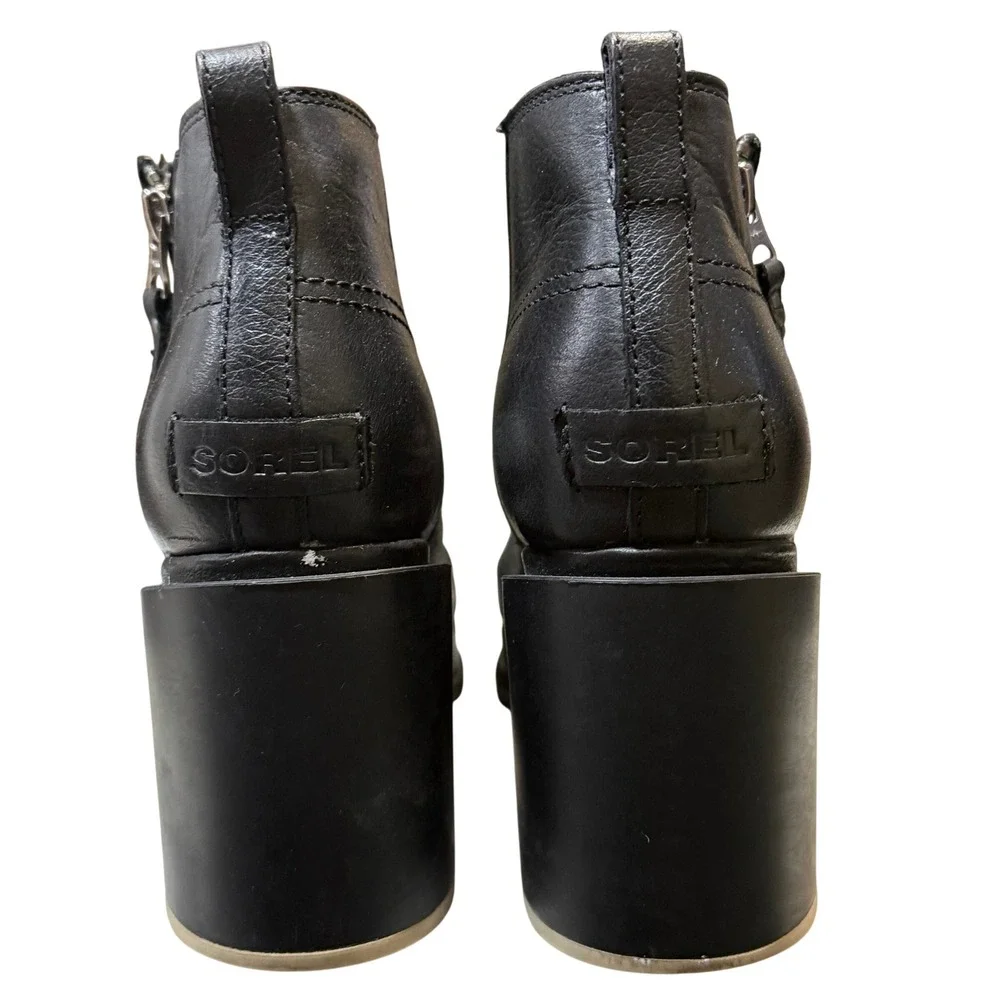Sorel 9.5 Blake Bootie Black Leather Block Heel Zip Ankle Waterproof Moto Rocker